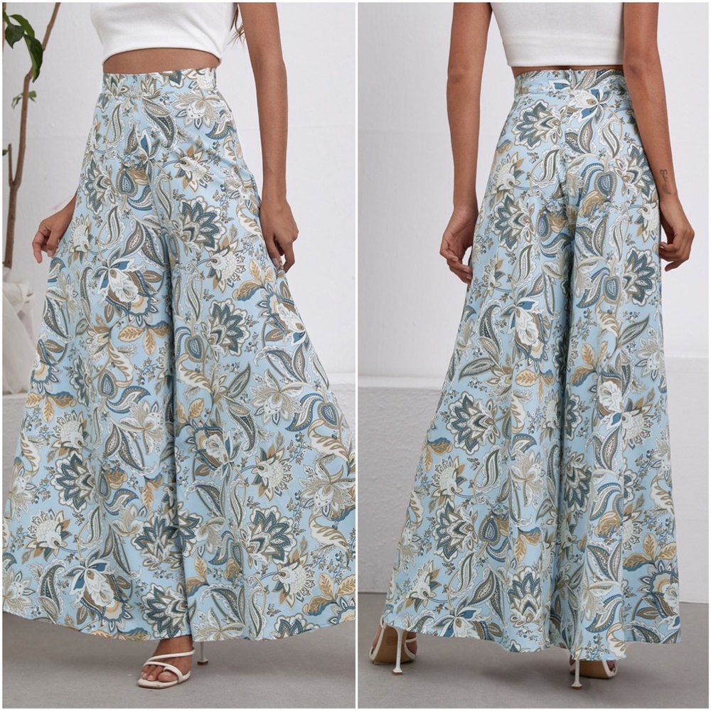 Boho Floral Blue Paisley Palazzo Wide Leg Pants - Picture 2 of 4